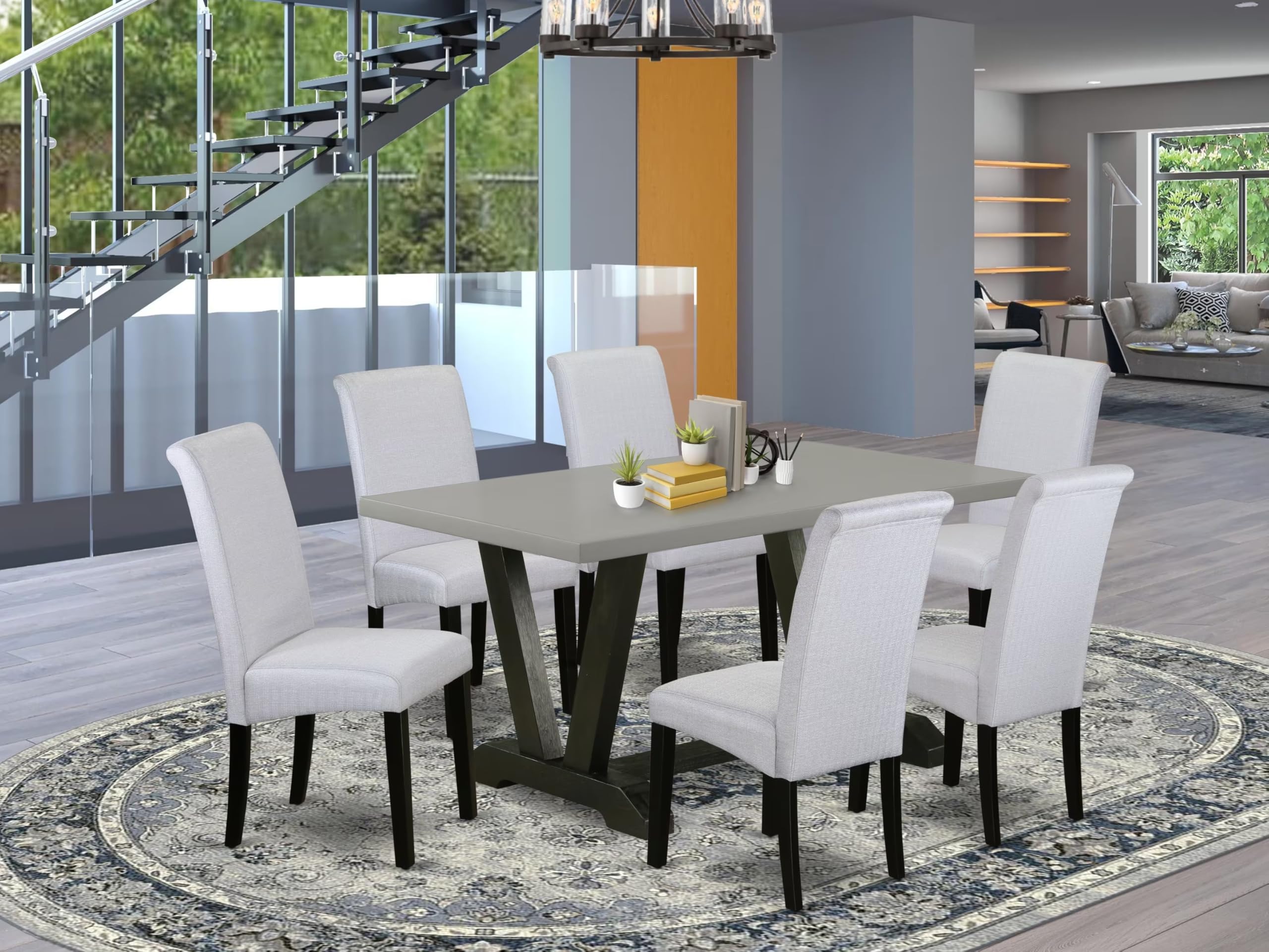 East West Furniture V696Ba105-7 7 Piece Kitchen Table & Chairs Set Consist Of A Rectangle Dining Room Table With V-Legs And 6 Grey Linen Fabric Upholstered Chairs, 36X60 Inch, Multi-Color